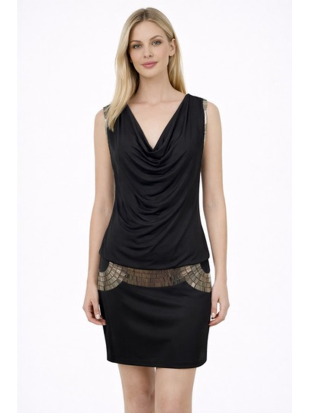 bebe Black Dress Draped Blouson Beaded Detail Stretch Cocktail Party Size M